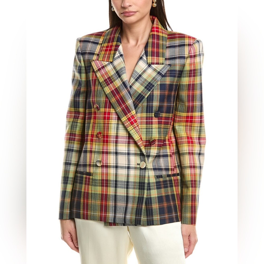 Oscar de la Renta Multi-Color Plaid Double-Breasted Blazer